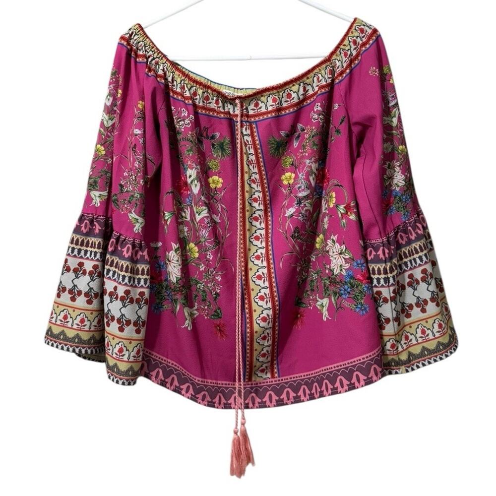Umgee Women Size Medium Off The Shoulder Tunic Blouse Tassels Boho Bell Sleeves